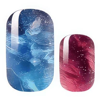 Blue and burgundy sparkly aurora gel nail wraps with cosmic glitter pattern