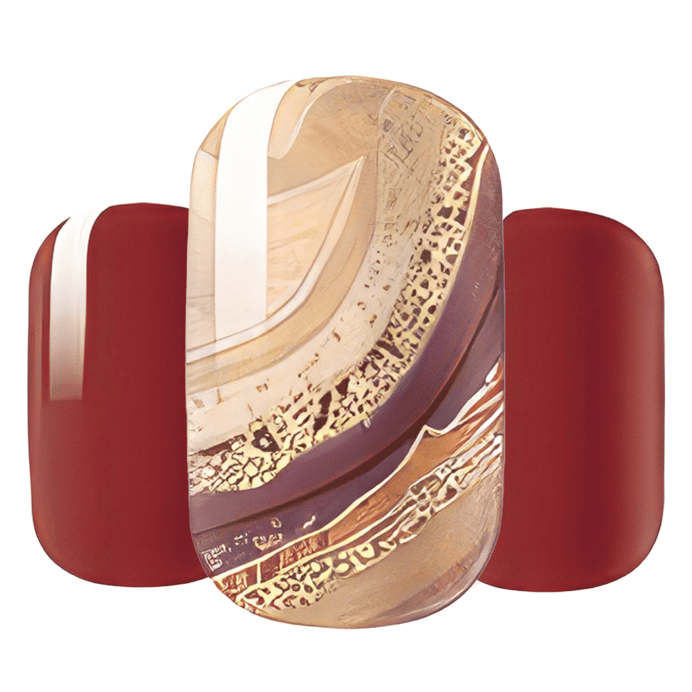 Red and bronze marble nail wraps showing luxury stone effect gel manicure patterns
