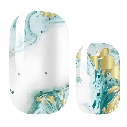 White gel nail wraps with blue and gold marble watercolour abstract pattern