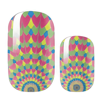 Colourful geometric nail wraps with kaleidoscope optical illusion pattern in rainbow hues