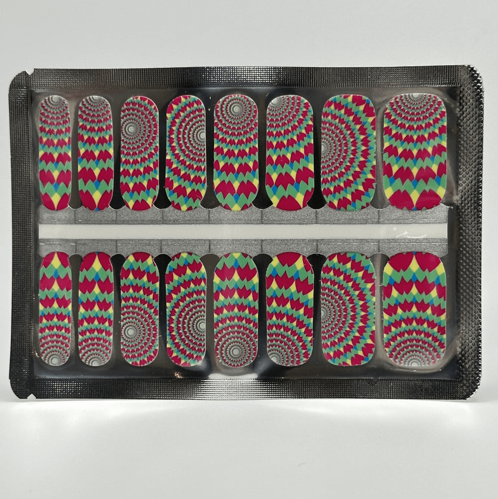 Sheet of geometric nail wraps featuring vibrant optical illusion patterns in pink and green