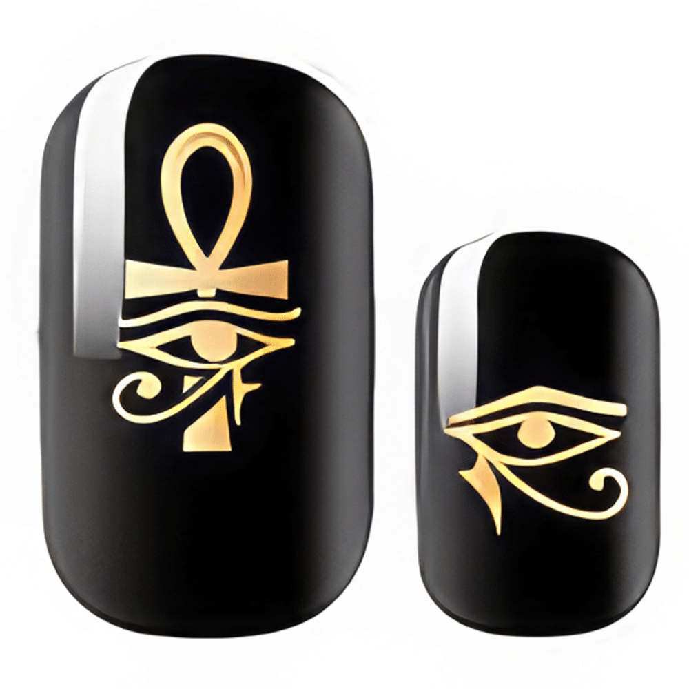 Black nail wraps with gold Egyptian hieroglyphic symbols ankh eye of horus design