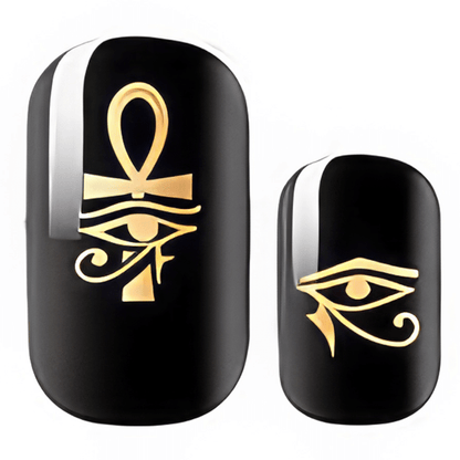 Black nail wraps with gold Egyptian hieroglyphic symbols ankh eye of horus design