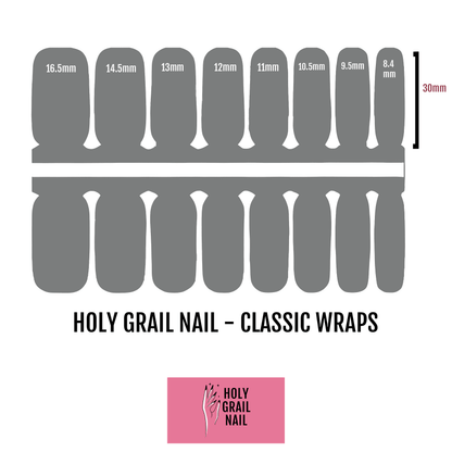 Nail wrap size guide showing classic wrap dimensions for at-home manicure application
