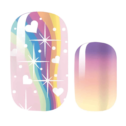 Rainbow gradient non-UV nail wraps with hearts stars and sparkles pattern design
