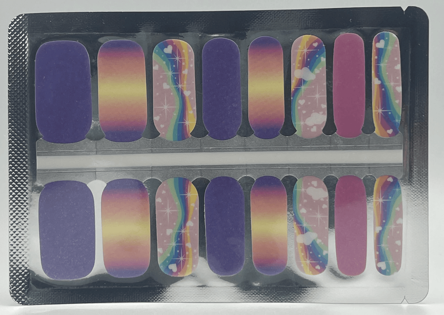Complete nail wraps sheet with rainbow gradient purple pink holographic patterns for DIY nail art