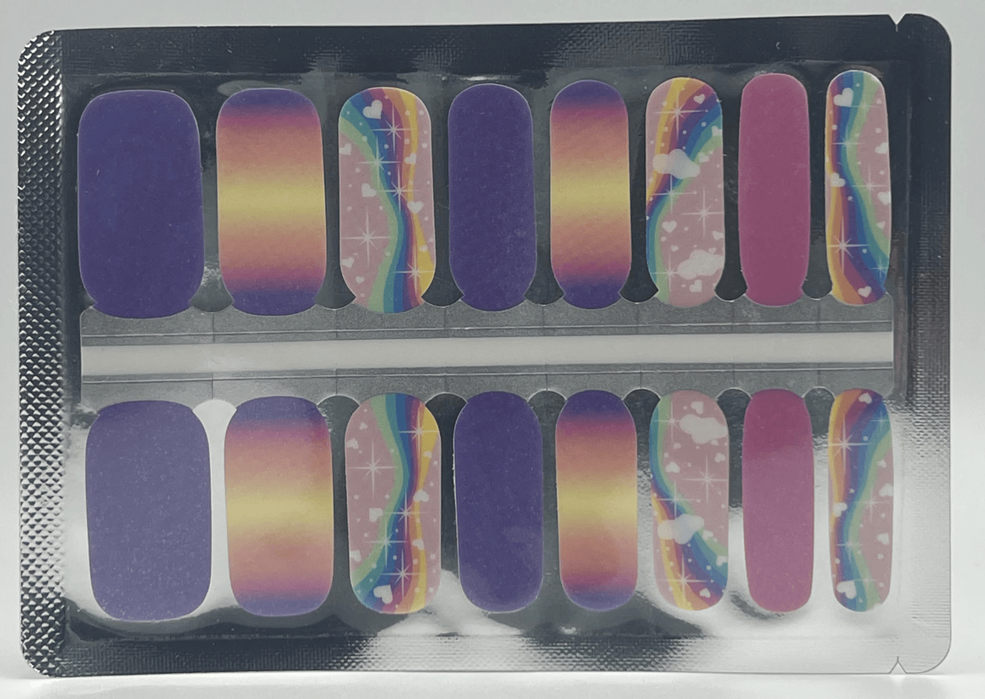 Complete nail wraps sheet with rainbow gradient purple pink holographic patterns for DIY nail art