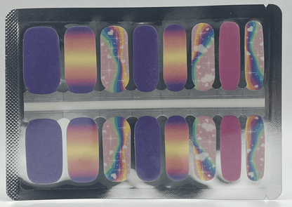 Complete nail wraps sheet with rainbow gradient purple pink holographic patterns for DIY nail art