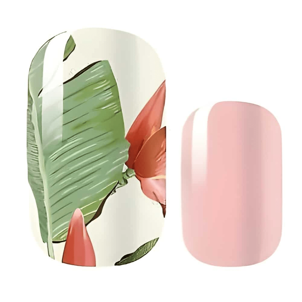 Close-up of palm leaf nail wraps featuring green tropical leaves and peach coral accents