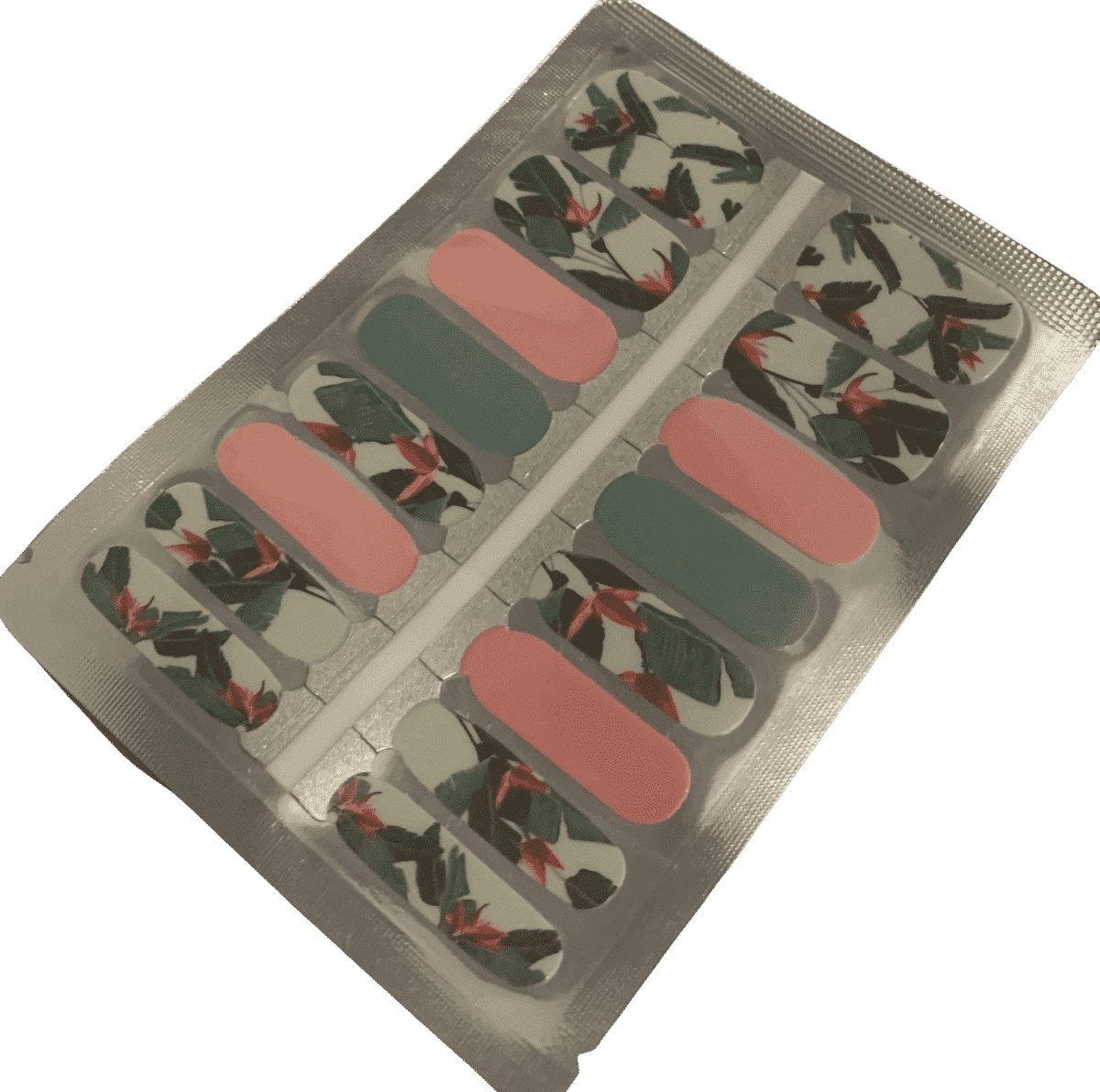 Tropical palm leaf nail wraps in sage green and peach cream colours
