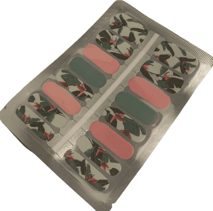 Tropical palm leaf nail wraps in sage green and peach cream colours