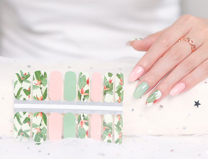 Non-UV nail wraps sheet with botanical palm leaf pattern in sage green and peachy pink tones