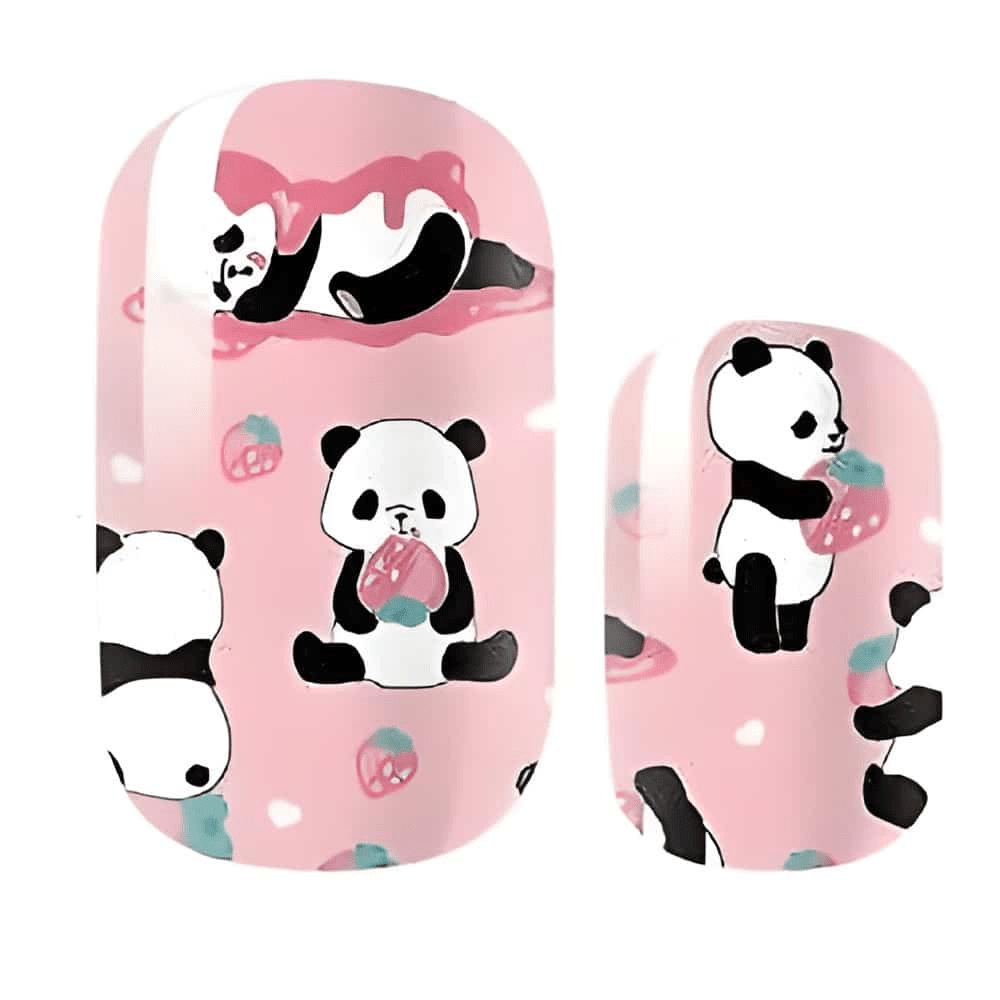 Kawaii panda nail art wraps in soft pink with black and white characters