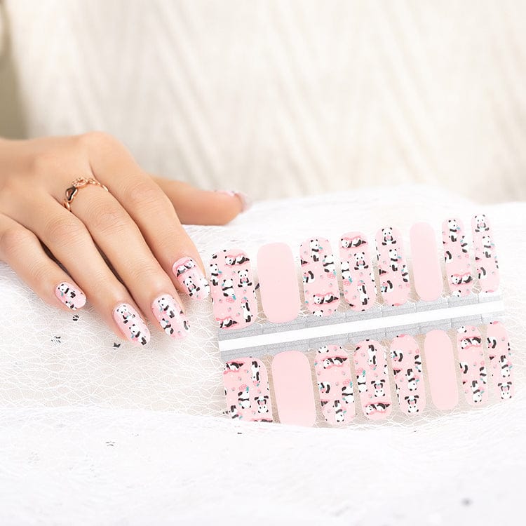 Pink panda nail wraps sheet showing cartoon animal nail art design patterns