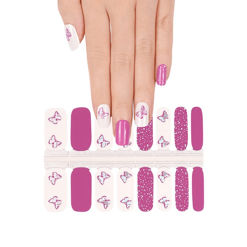 Non-UV butterfly nail wraps sheet showing pink polka dot and solid colour options