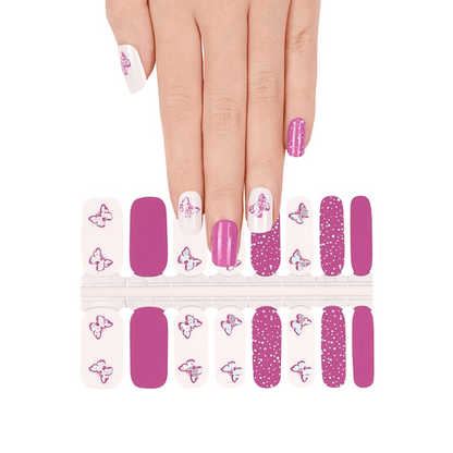 Non-UV butterfly nail wraps sheet showing pink polka dot and solid colour options