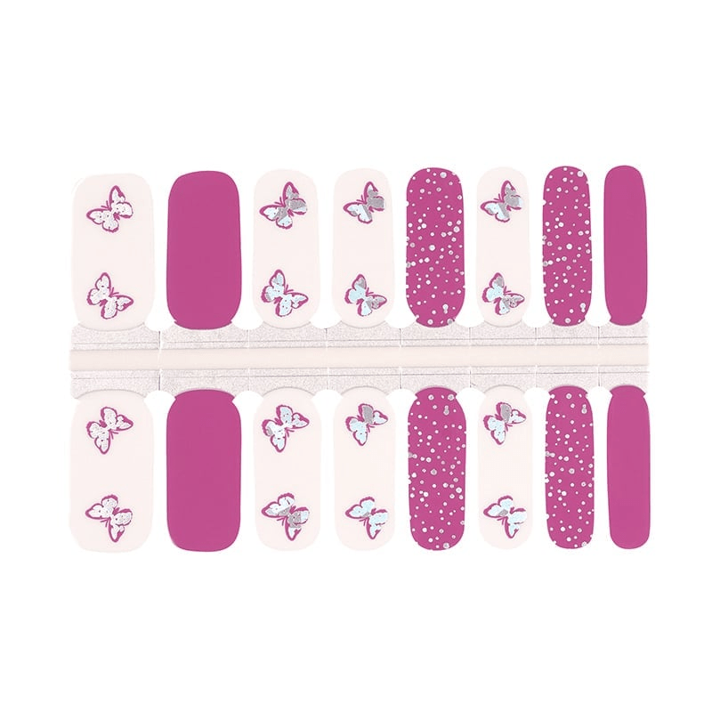 Pink butterfly nail wraps with polka dots and solid designs for at-home manicures