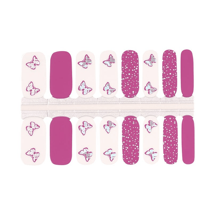 Pink butterfly nail wraps with polka dots and solid designs for at-home manicures