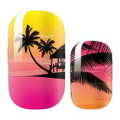 Tropical sunset gradient nail wraps with palm tree silhouettes in pink yellow orange
