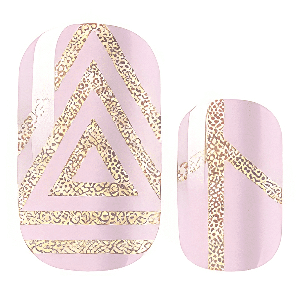 Pink gel nail wraps with metallic gold chevron triangle patterns for sophisticated nail art