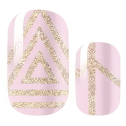 Pink gel nail wraps with metallic gold chevron triangle patterns for sophisticated nail art