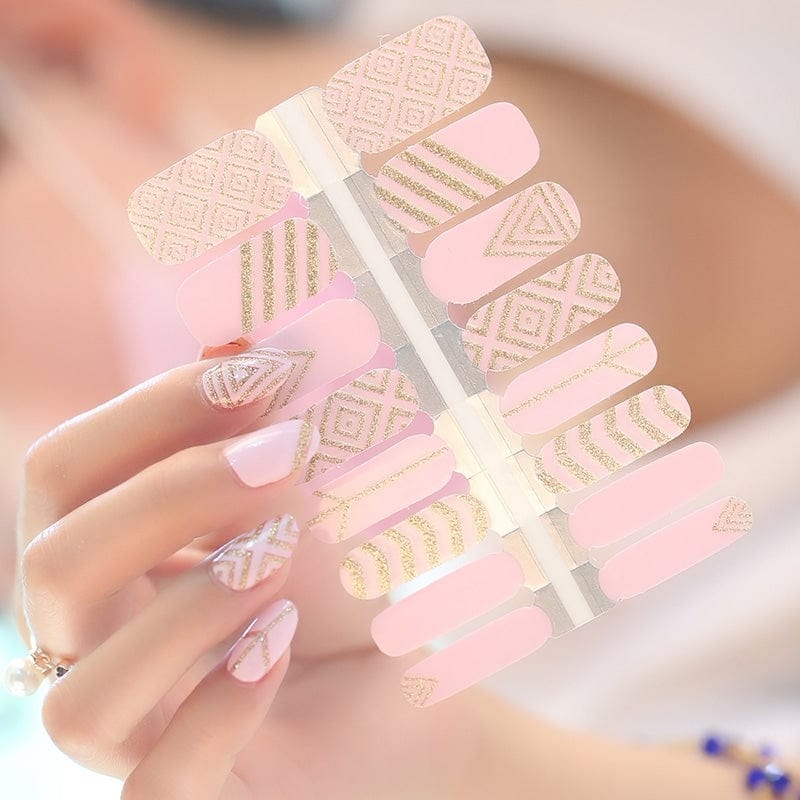 Pink and gold geometric pattern non-UV nail wraps sheet for at-home manicure