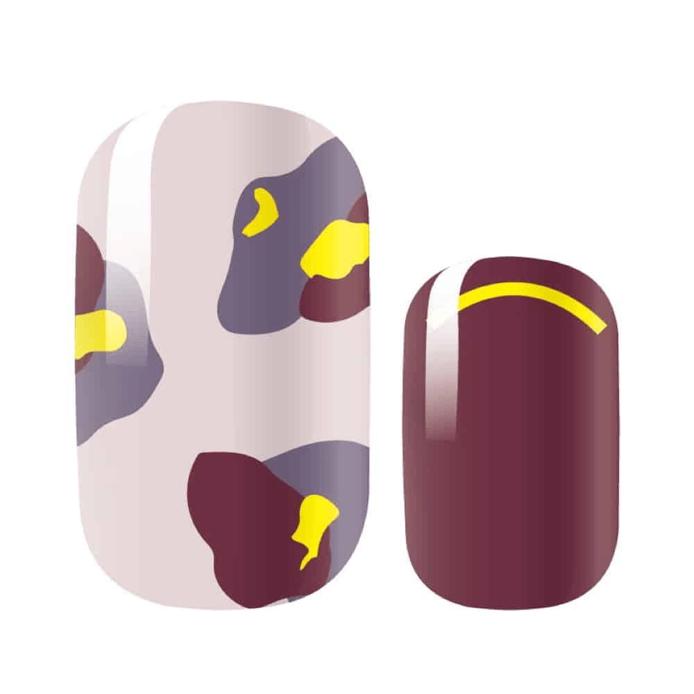 Purple and burgundy leopard print nail wraps with yellow accents on beige background