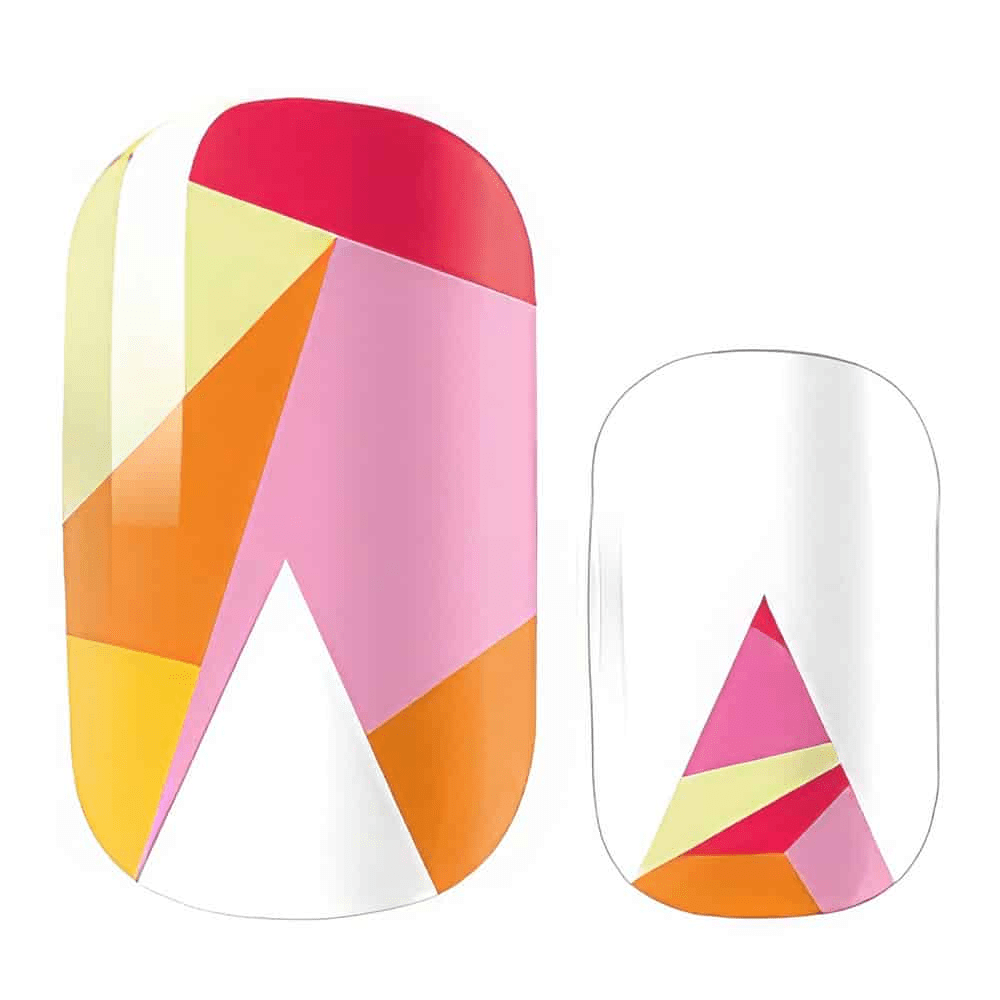 Close-up geometric nail wraps featuring abstract pink coral orange triangular colour block pattern design
