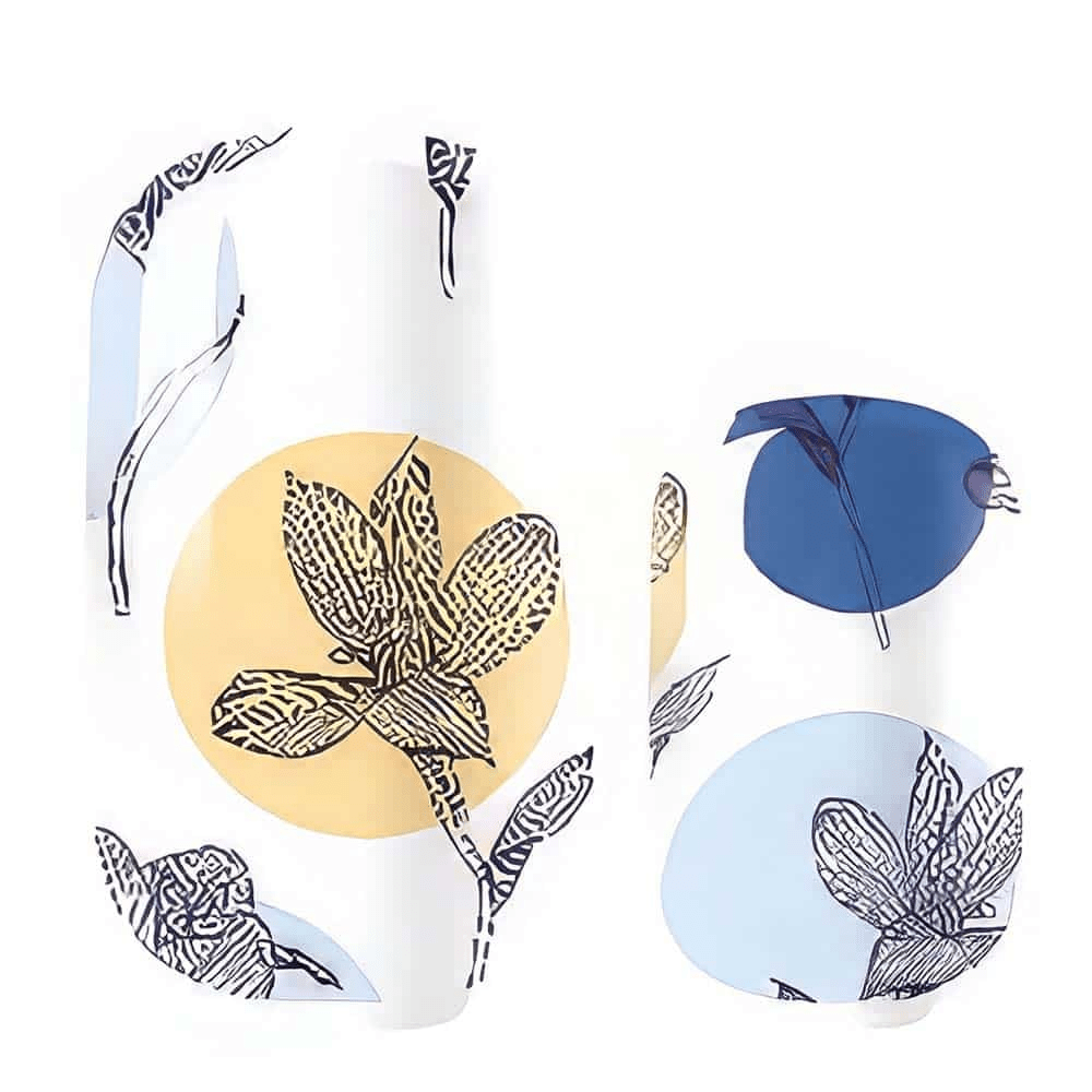 Botanical leaf pattern nail wraps with blue and yellow circles on white background for at-home manicure