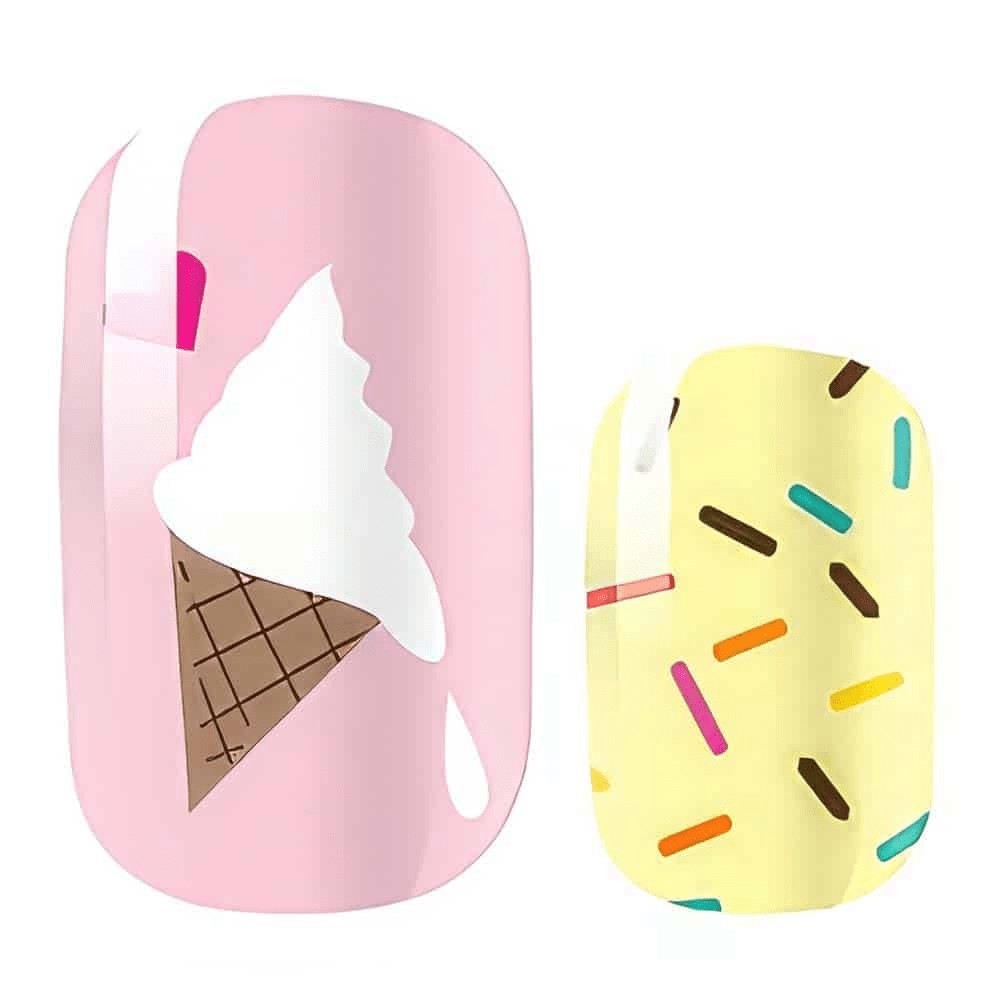 Pink ice cream and yellow sprinkles nail art design on fun novelty nail wraps