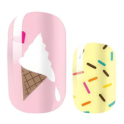 Pink ice cream and yellow sprinkles nail art design on fun novelty nail wraps