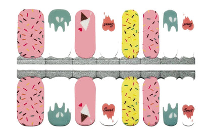 Colourful non-UV nail wraps featuring ice cream drips, cherries, sprinkles and kawaii food patterns