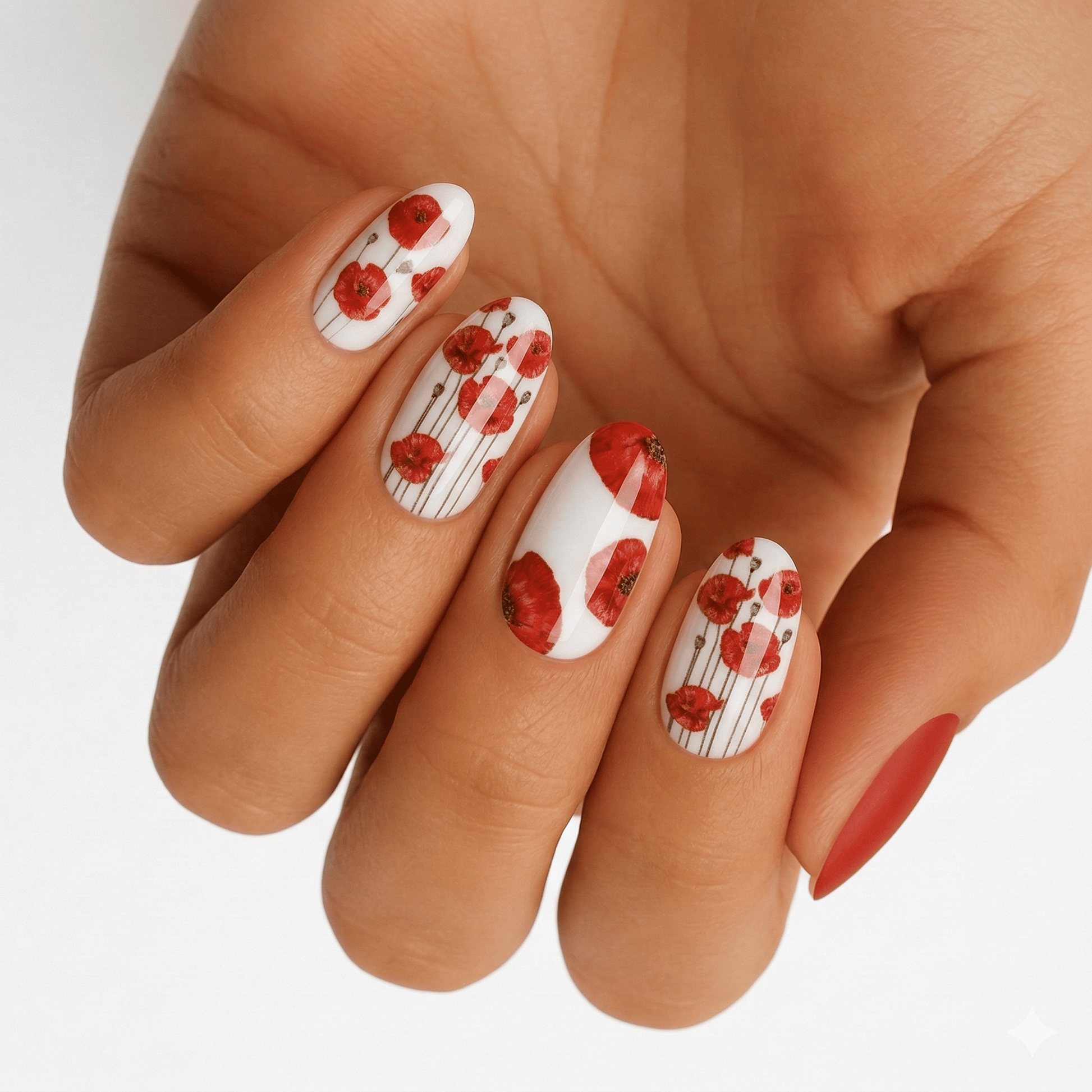 Hand displaying red poppy field nail art wraps with watercolour floral design