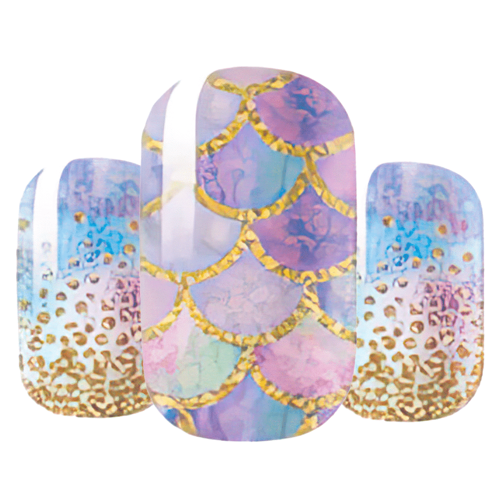 Holographic mermaid scale nail wrap designs with gold glitter accents