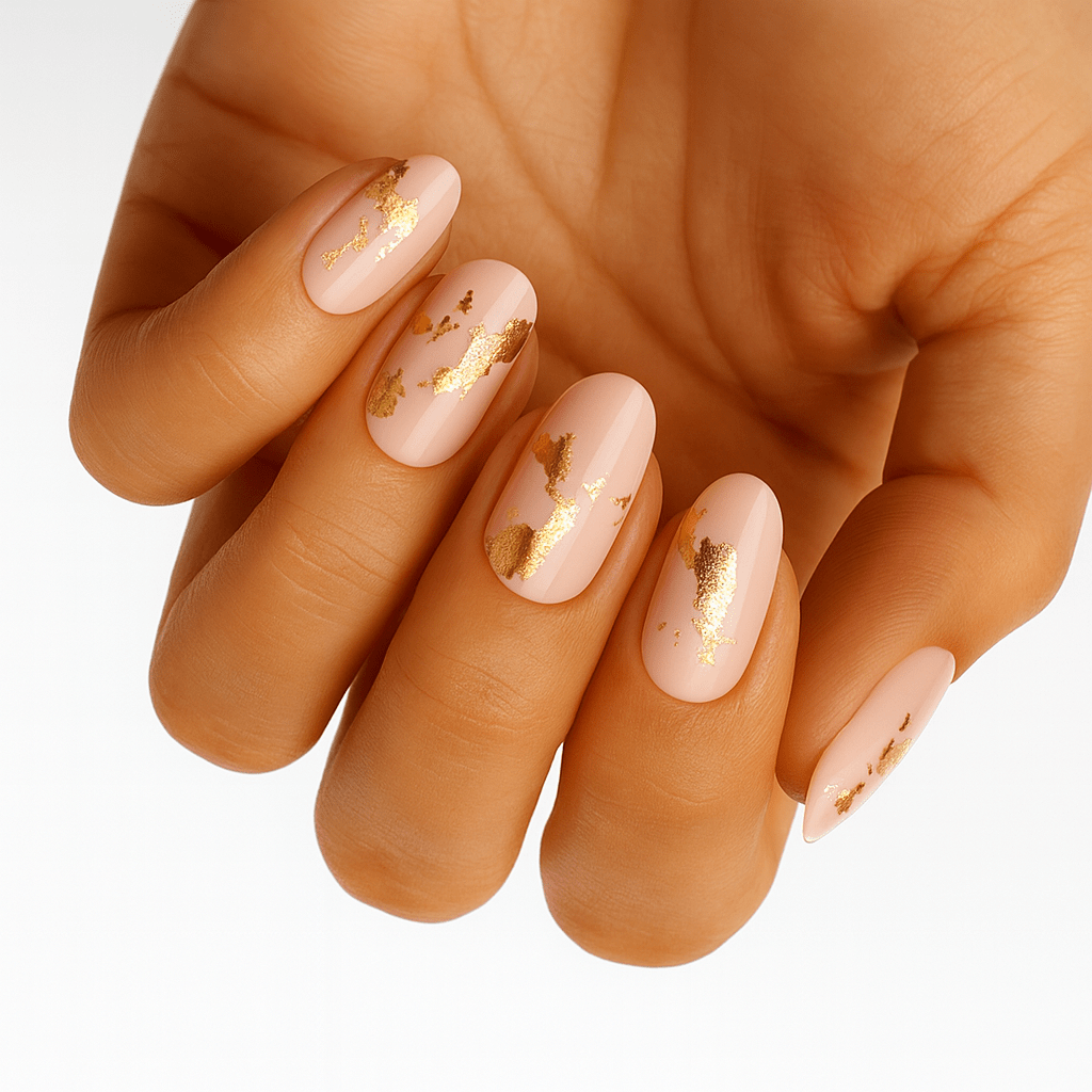 Nude gel nail wraps with gold foil accents on hand manicure