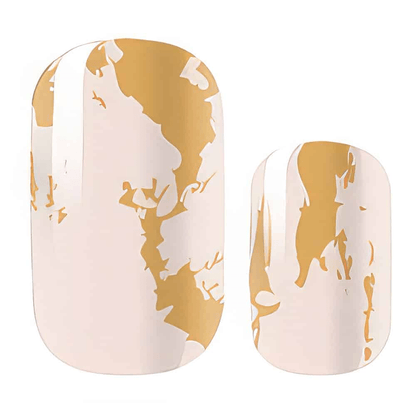 Close-up pink nail wraps with gold foil drip pattern elegant nail art
