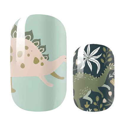 Dinosaur nail wrap designs in sage green and olive with botanical leaf patterns