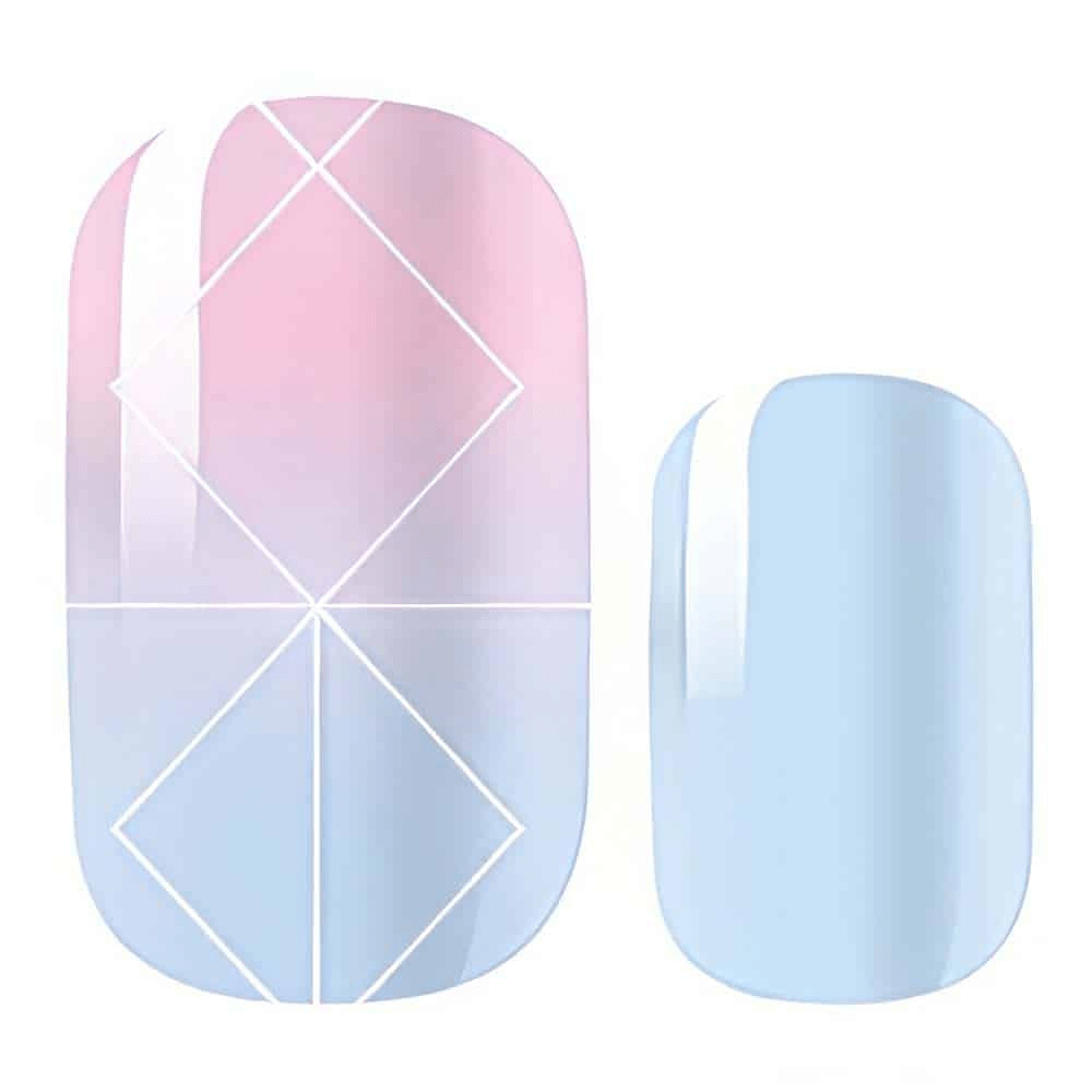 Pink and blue gradient nail wraps with geometric diamond pattern in pastel ombre finish