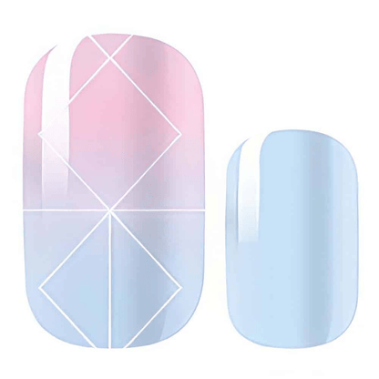 Pink and blue gradient nail wraps with geometric diamond pattern in pastel ombre finish