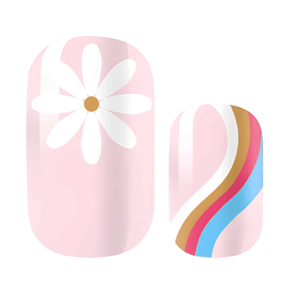 Pink nail wraps with white daisy flowers and rainbow stripes design illustration