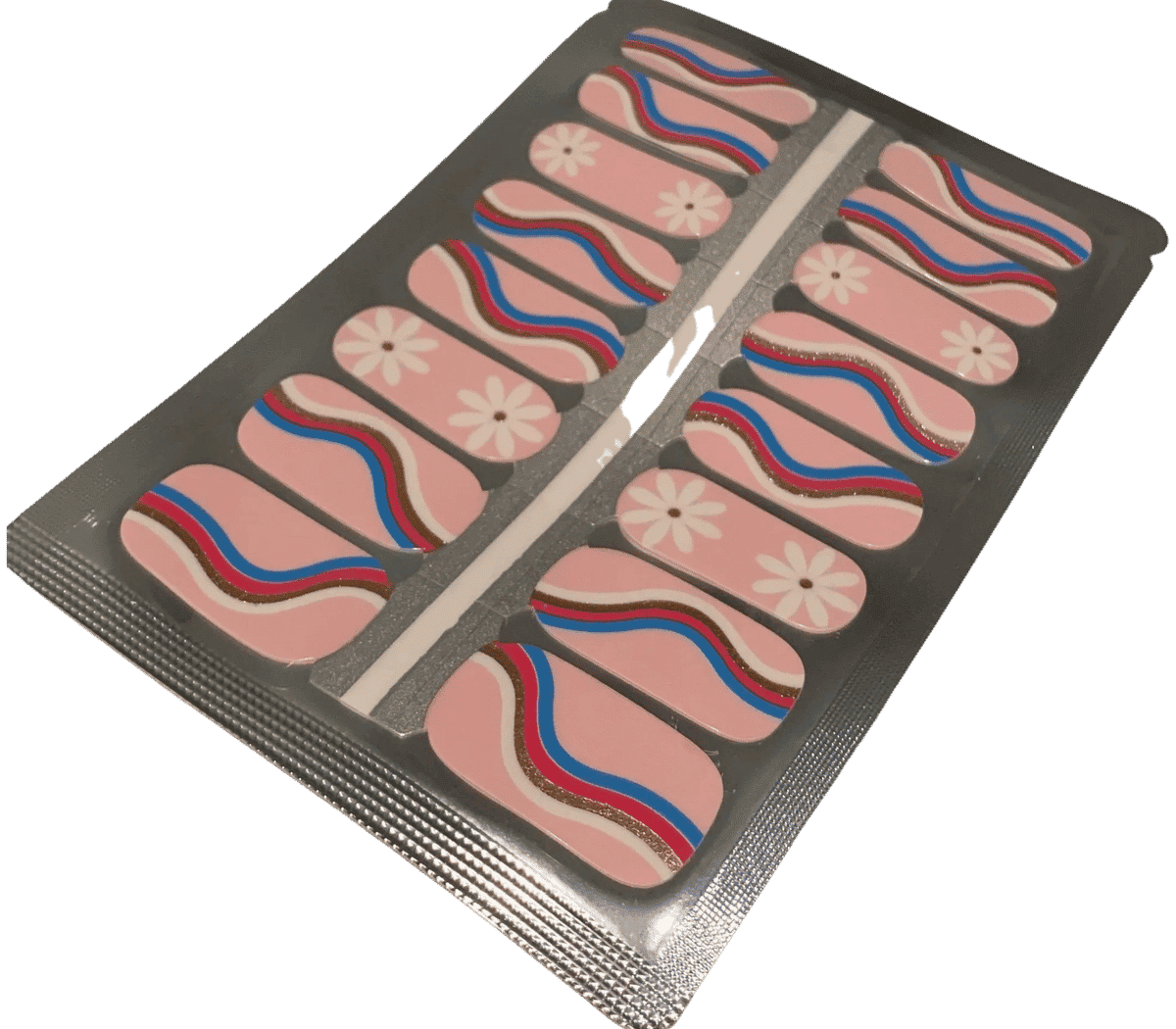 Non-UV nail wraps sheet featuring pink base with rainbow stripes and daisy floral patterns