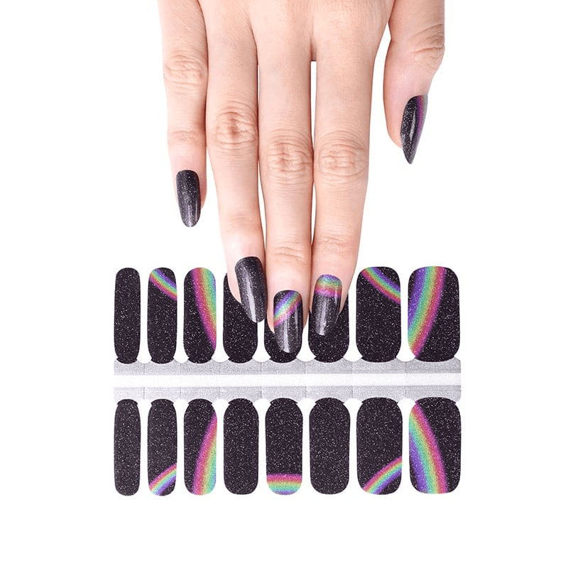 Black rainbow holographic nail wraps sheet with glitter finish for at-home manicure