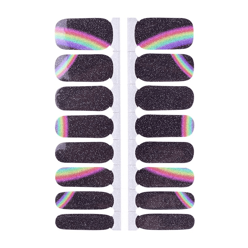 Sheet of rainbow holographic nail wraps with black glitter and cosmic design