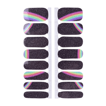 Sheet of rainbow holographic nail wraps with black glitter and cosmic design
