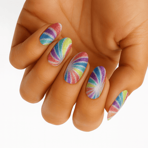 Rainbow swirl non-UV nail wraps on hand showing vibrant multicoloured psychedelic pattern manicure