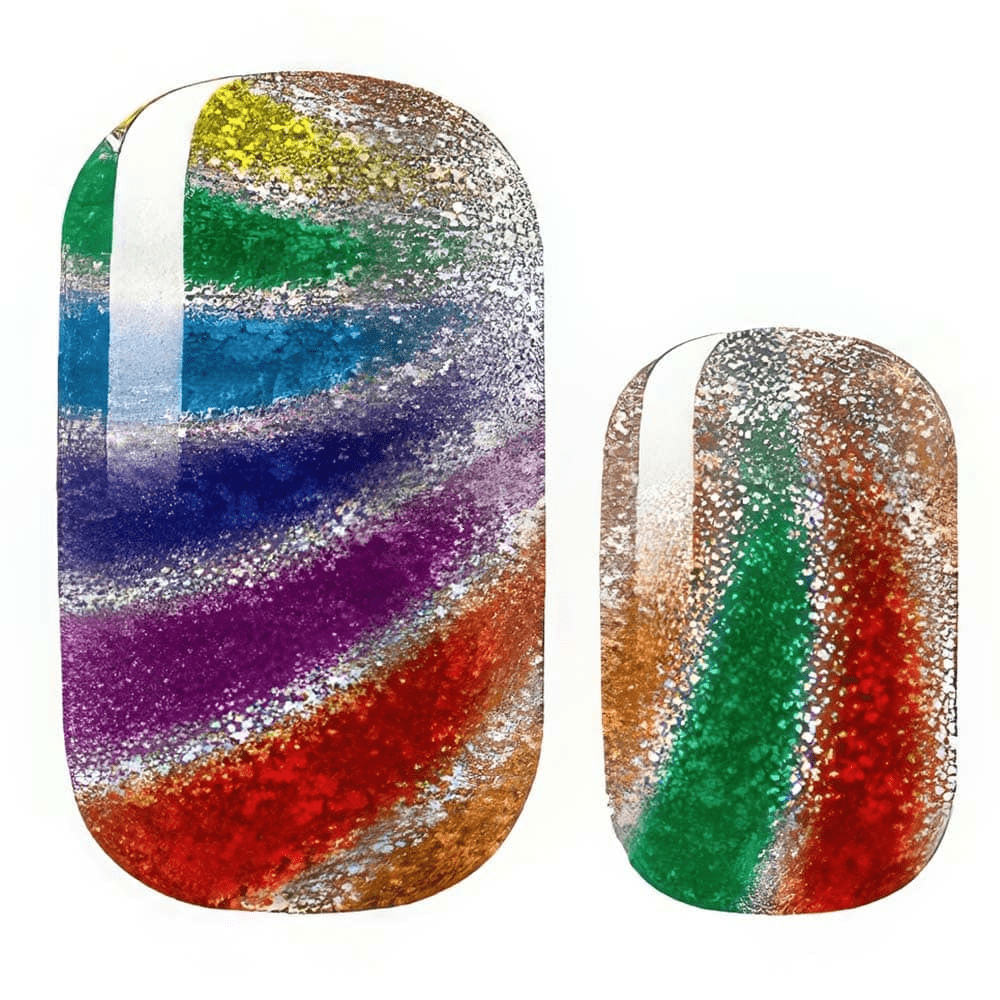 Glittery rainbow swirl nail wraps in multicoloured design for DIY gel manicure application