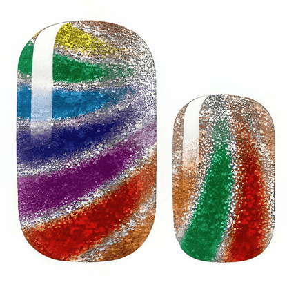 Glittery rainbow swirl nail wraps in multicoloured design for DIY gel manicure application