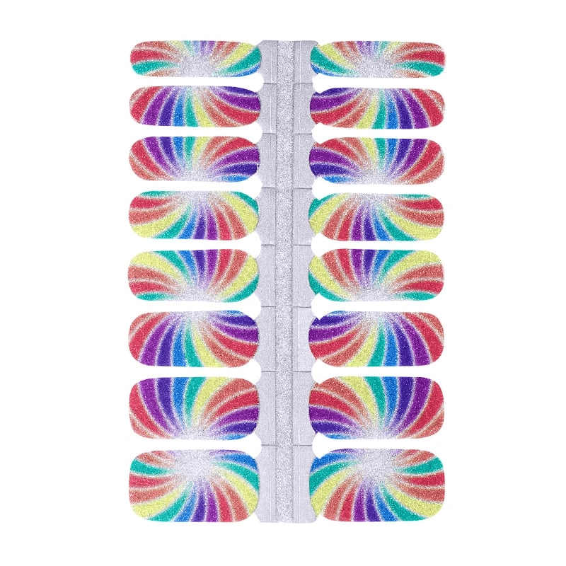 Rainbow swirl non-UV nail wraps with vibrant multicoloured glitter patterns for at-home manicures