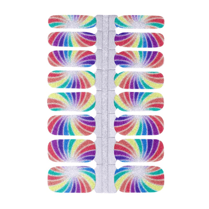 Rainbow swirl non-UV nail wraps with vibrant multicoloured glitter patterns for at-home manicures