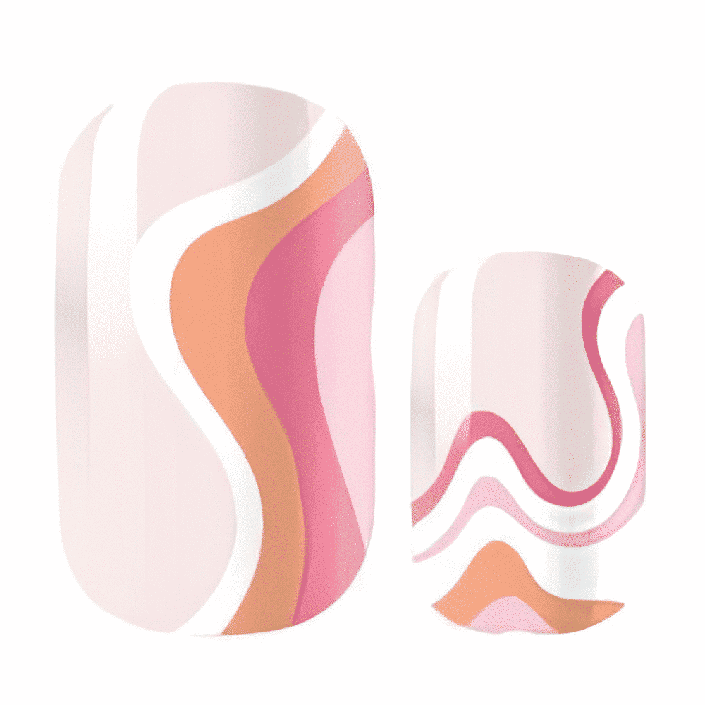 Close-up of pink coral nail wrap design showing swirled marble pattern in cream peach tones